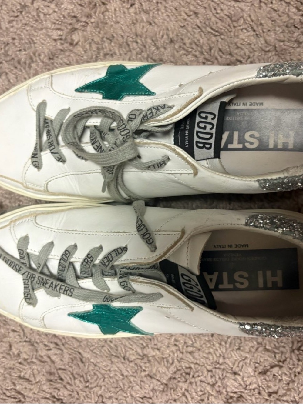 Golden Goose White Leather Sneakers with Teal Star and Silver Heel